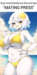 ai_generated beach big_breasts bikini black_eyes egg egg_(lemyawn) food-themed_hair_ornament food_creature food_humanoid knightnyan mating_press meme short_hair smug white_skin yellow_bikini