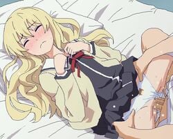 1girls aho_girl bed blonde_hair blush censored closed_eyes clothed_sex dress_lift female female_focus long_hair mosaic_censoring panties_aside penis pillow pussy sayaka_sumino school_uniform sex tomu_(tomubobu) underwear vaginal_penetration waist_grab white_panties