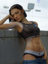 1girls 3d 3d_(artwork) abs against_wall ai_generated apex_legends artist_name asian asian_female bare_arms bare_midriff bare_shoulders black_hair blue_veins blurry_background body_markings brown_eyes clothed commission conduit_(apex_legends) crop_top cute cute_face denim electronic_arts eye_contact facepaint female female_focus female_only fit fit_female freckles freckles_on_face full_lips glowing glowing_markings hazel_eyes hi_res high_resolution highres jeans leaning leaning_against_wall leaning_back lips looking_at_viewer markings minekezhe model_pose modeling navel outdoors outside panties pants pants_down pants_pull petite pose posing respawn_entertainment rowenna_divina self_upload short_hair short_ponytail slim slim_waist small_breasts solo solo_female solo_focus underwear veins watermark zipper