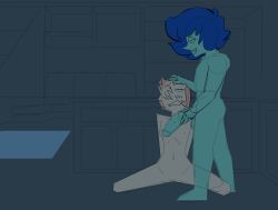 2d_(artwork) big_penis blue_hair blue_skin blush dominant_male domination gem_(species) hand_on_head hands_behind_back isketch_smut large_penis looking_at_another looking_at_partner looking_up on_knees original_character pearl_(steven_universe) penis_close_to_face sketch steven_universe