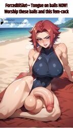 1futa ai_generated balls beach blue_eyes blush code_geass erect_penis erection futa_only futanari huge_balls huge_breasts huge_cock kallen_stadtfeld large_breasts nipples_visible_through_clothing one-piece_swimsuit open_mouth presenting red_hair seducing_viewer seductive_look seductive_smile solo starskyai steaming_body sweat testicles thick_thighs