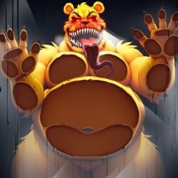 1boy ai_generated animatronic anthro bear chubby fangs five_nights_at_freddy's five_nights_at_freddy's_4 fnaf furry gay imminent_sex inviting long_tongue looking_at_viewer male male_only monster nightmare_fredbear_(fnaf) nude scottgames sharp_teeth solo solo_focus yellow_body yellow_fur