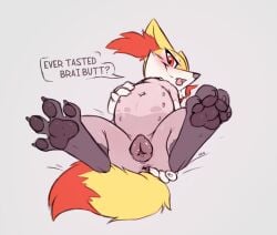 animal_genitalia animal_pussy anthro anus ass blush bodily_fluids braixen canine_genitalia canine_pussy feet female generation_6_pokemon genital_fluids genitals hi_res inner_ear_fluff looking_at_viewer lying markings navel nintendo nipple_fetish nipple_play nipples on_back pawpads paws pokemon pokemon_(species) pussy shaved_fur shaved_pussy simple_background slowderpyguy solo spread_butt spread_legs spread_toes spreading talking_to_viewer toes tongue tongue_out tuft vaginal_fluids