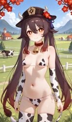 ai_generated cow_ears cow_girl cow_horns cow_print farm female genshin_impact girl hu_tao_(genshin_impact)