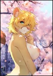 anthro big_breasts black_border blush border breasts digital_media_(artwork) felid feline female fleet-foot fur hair lion looking_at_viewer mammal nipples nude outside pantherine rhoda simple_background smile solo tail