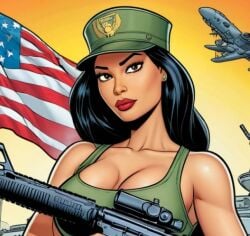 ai_generated american_dad american_flag army_cap army_girl army_uniform assault_rifle colombian_army_soldier_1 colombian_female crop_top female female_only fighter_jet latina latina_female looking_at_viewer only, smile smiling smiling_at_viewer soldier soldier_uniform