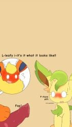 animal_genitalia animal_penis blue_eyes blushing brown_eyes eeveelution eeveelution_squad flare_(eeveelution_squad) flareon leaf_(eeveelution_squad) leafeon nintendo orange_body orange_fur pokemon pokemon_only sexy sigma_rizz tan_body tan_fur