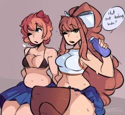 2girls blue_eyes blue_skirt breasts cleavage doki_doki_literature_club english_text female green_eyes long_hair monika_(doki_doki_literature_club) sayori_(doki_doki_literature_club) skirt text tummy uuforya white_bow