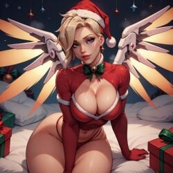 ai_generated big_breasts blonde_hair christmas_clothing christmas_present cleavage eogard_orc mercy overwatch sitting thick_thighs