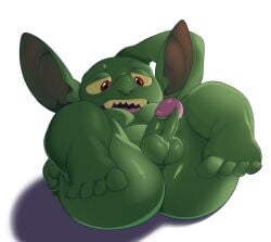 2024 ass bald balls big_butt big_pecs feet foreskin genitals glans goblin green_body green_skin hi_res humanoid humanoid_genitalia humanoid_penis humanoid_pointy_ears jerseydevil lying lying_on_ground male muscular muscular_humanoid muscular_male non-human non-human_only nude on_ground pecs penis pink_glans purple_eyes retracted_foreskin sharp_teeth simple_background small_body small_penis solo teapot_(body_type) teeth thick_penis thick_thighs white_background yellow_sclera