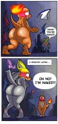 1boy 1girls ass birbpan breasts charmander covering female hailey_(quill_moonlight) lucario male nude pokemon senftember senftember_(2024) shiny_pokemon tagme