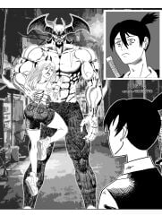 1girls 2boys akira_fudou alternate_version_available big_ass black_and_white chainsaw_man crossover demon devilman devilman_(character) funny greyscale hayakawa_aki looking_back meme monochrome muscular_male nsfw_version_available pixiv_id pixiv_link power_(chainsaw_man) size_difference