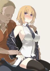 1boy bare_shoulders black_legwear blazer blonde_hair blush breasts censored eyebrows_visible_through_hair fate/apocrypha fate_(series) female grey_background hair_between_eyes hairy hand_on_another's_shoulder handjob jacket jeanne_d'arc_(fate) large_breasts long_hair male_pubic_hair necktie ningen_(ningen96) off_shoulder penis penis_grab pubic_hair purple_eyes shirt short_shorts shorts sideboob simple_background sitting sitting_on_person sleeveless sleeveless_shirt sweat thighhighs very_long_hair