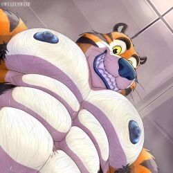 abs black_eye_lashes blue_lips blue_nose blue_tits breasts kellogs looking_at_viewer multicolored_fur orange_furry pecs pecs_meme pecs_pov_meme pov_pecs_meme smiling_at_viewer stripes tony_the_tiger whiskers white_abs white_pecs wulfusweid yellow_eyes