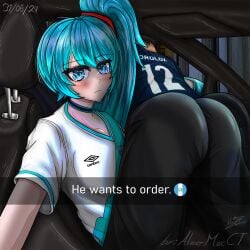 1boy 1boy1girl 1girls almermacct alternate_costume alternate_hairstyle ass big_ass black_pants blue_eyes blue_hair blue_shirt clothing collar couple crossover guatemala hatsune_miku he_wants_to_order latin_american_hatsune_miku_(meme) latina long_hair loquendero loquendo loquendo_youtuber male male_ass meme morolox night ordering_food shirt short_hair sitting soccer_uniform t-shirt umbro vehicle white_shirt youtube youtube_hispanic youtuber