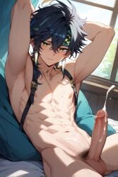 1boy abs ai_generated armpits cum cum_on_body cum_on_penis genshin_impact handsfree_ejaculation kinich_(genshin_impact) multicolored_hair solo_male sweat