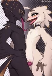 4_fingers absurd_res anthro arm_around_waist avian bird black_body black_feathers black_sclera bodily_fluids collar collar_only dripping duo feathers female female_penetrated fingers french_kissing genital_fluids genitals hi_res kinryu_(aeternum) kissing long_tongue lyra_(w4g4) male male/female male_penetrating male_penetrating_female nude penetration penis pussy pussy_job saliva saliva_drip saliva_on_tongue saliva_string sex tapering_penis thigh_sex tongue vaginal_fluids w4g4 white_body white_feathers