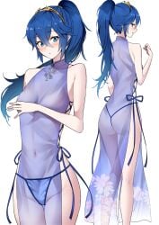 1girls :o ameno_(a_meno0) ass blue_eyes blue_hair female female_only fire_emblem fire_emblem_awakening lingerie lingerie_only lucina_(fire_emblem) nintendo see-through see-through_clothing simple_background small_breasts solo solo_female tiara white_background