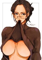 black_hair bon_drawr female female_only flashing glasses huge_breasts large_breasts nico_robin one_piece post-timeskip shirt_lift tagme