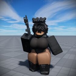 1girls 3d baseplate big_ass big_breasts black_clothing black_eyes black_hair boots fishnets gun military_uniform original_character roblox robloxian self_upload short_hair smg32 tagme tan_skin thigh_highs