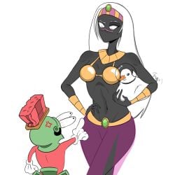 1boy 1girls alien alien_boy alien_girl alien_humanoid anger_vein black_body black_skin bracelet cartoon_network duck duck_dodgers gold_bikini_top hair_ornament height_difference helmet looney_tunes martian martian_(duck_dodgers) marvin_the_martian midriff namecode017 navel queen_tyr'ahnee ribs warner_bros warner_brothers white_background white_hair