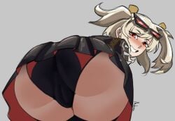 artist_name ass ass_focus black_jacket blonde_hair burnice_white cameltoe eyewear_on_head female from_behind grey_background grin highres huge_ass jacket looking_at_viewer looking_back mokimolewds open_mouth red_eyes simple_background sketch skirt smile solo thick_thighs thighs zenless_zone_zero