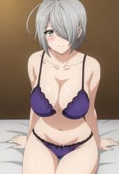 1girls ahoge ai ai_art ai_assisted ai_generated bangs bangs_over_one_eye bed belly belly_button big_breasts blush blush_lines blushing bra breasts brown_background cleavage collarbone gastkeser82 gray_eyes gray_hair grey_eyes grey_hair hair_over_one_eye hands_on_bed huge_breasts lace-trimmed_bra lace-trimmed_panties lingerie looking_at_viewer midriff nande_koko_ni_sensei_ga!? navel panties purple_bra purple_panties purple_underwear sheets short_hair simple_background sitting smile smiling_at_viewer stomach tachibana_chizuru_(nande_koko_ni_sensei_ga!?) tiny_waist underwear white_hair white_sheets