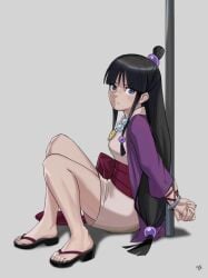 black_hair blue_eyes bondage bound bound_to_pole cuff_(restraint) cuffs female female_focus female_only gyakuten_saiban human humanoid looking_at_viewer maya_fey on_floor restrained restraints sandals thick_thighs thighs