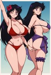 ai_generated alternate_breast_size bikini bikini_bottom bikini_top bishoujo_senshi_sailor_moon black_hair flower flower_in_hair hoop_earrings huge_breasts large_ass large_breasts long_hair navel pony_diffusion_xl purple_bikini purple_eyes red_bikini rei_hino sailor_mars sarong side_boob swimsuit underboob