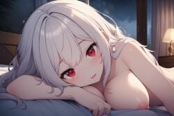 1girls ai_generated alufliniy areola areolae bed bedroom blush breasts completely_nude erispheria hispanic_virtual_youtuber indoors long_hair looking_at_viewer night nipples nude_female red_eyes solo_female tagme virtual_youtuber vtuber white_hair