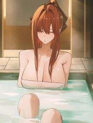 bath cleavage closed_eyes hairbow large_breasts limbus_company long_hair open_mouth ponytail project_moon red_hair towel_only two_strongtiger yuri_(limbus_company)