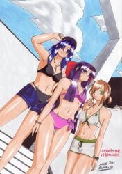 3girls alternate_hairstyle arm_up artist_name baseball_cap big_breasts bikini black_bikini black_hair blue_eyes breasts brown_hair busty cleavage denim denim_shorts female female_only hair_ribbon hand_on_hip hat highres large_breasts legs looking_at_viewer manari medium_breasts multiple_girls nakoruru navel parted_lips pink_bikini ponytail pose posing purple_hair red_eyes rera ribbon samurai_shodown short_hair shorts smile snk swimsuit thighs toned unzipped voluptuous white_bikini