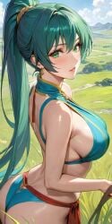 1girls ai_generated ass ass back back_view background bare_shoulders big_breasts breasts commentary_request earrings eyelashes female female female_focus female_only fire_emblem fire_emblem:_the_blazing_blade from_behind from_side grass green_eyes green_hair hair hair_between_eyes lashes lia_the_busty_redhead long_hair long_lashes long_ponytail looking_at_viewer lyn_(fire_emblem) lyndis_(fire_emblem) nature nature_background nintendo outdoors outside ponytail self_upload side_view sideboob solo solo_female solo_focus tagme tied_hair underwear