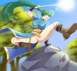 exhibitionism exhibitionist exposed_pussy fire_emblem fire_emblem:_three_houses flashing flashing_pussy green_hair lyn_(fire_emblem) nintendo plug_(sex_toy) ponytail