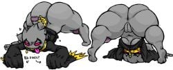 anthro anus ass ass_up banette big_butt black_clothing black_eyes black_topwear bottom_heavy bottomless breasts clothed clothing female front_view generation_3_pokemon genitals ghastlybum grey_body huge_butt innie_pussy long_sleeves looking_at_viewer looking_back looking_back_at_viewer milktooth mori_(milktooth) nintendo pink_sclera plump_labia pokemon pokemon_(species) pussy rear_view scared_bum simple_background small_breasts solo thick_thighs tongue tongue_out topwear white_background wide_hips zipper zipper_mouth