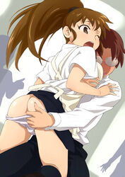 apron ass ass_grab black_skirt blush breast_press breasts brown_eyes brown_hair circle_skirt drooling female floating_hair glasses highres large_breasts legs long_hair molestation one_eye_closed open_mouth panties panty_pull ponytail public saliva skirt skirt_lift standing taneshima_popura thighs underwear uniform waitress white_panties working!!