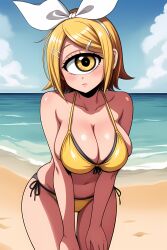 ai_generated beach bikini blonde_hair cyclops female hairpin huge_breasts kagamine_rin ocean short_hair vocaloid white_bow white_hair_bow yellow_bikini