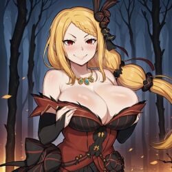 ai_generated big_breasts braided_hair busty_female curvy_figure gigantic_breasts holding_breast orange_hair priscilla_barielle re:zero_kara_hajimeru_isekai_seikatsu red_eyes red_hair seductive_look seductive_smile showing_breasts solo_female