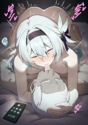 1boy absurdres black_hairband blush breasts cellphone closed_eyes commentary_request completely_nude female firefly_(honkai:_star_rail) french_kiss grey_hair hair_intakes hair_ornament hairband highres honkai:_star_rail honkai_(series) kissing long_hair netorare nude on_bed phone purple_eyes sex shirotategosha smartphone speech_bubble straight translation_request two-tone_eyes white_hair