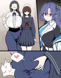 3girls 3koma absurdres artistic_error ass black_hair black_halo black_shirt black_skirt blue_archive blue_eyes blue_necktie blue_skirt braid breasts bright_pupils brown_eyes brown_hair closed_mouth collared_shirt comic curvy doodle_sensei_(blue_archive) female_sensei_(blue_archive) grabbing_another's_ass groping halo hand_on_another's_ass hand_up heart highres huge_breasts jacket large_breasts long_hair long_sleeves looking_at_viewer multiple_girls narrow_waist necktie netorare off_shoulder ohitome_kohane open_clothes open_jacket open_mouth paper_on_head project_kv purple_hair red_halo school_uniform sensei_(blue_archive) shaded_face shirt single_braid skirt smile spoken_heart thick_thighs thighs through_clothes waving white_pupils white_shirt wide_hips xipa yuri yuuka_(blue_archive)