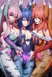 3girls amou_kanade animal_print arm_grab asymmetrical_docking bat_print blue_eyes blue_hair blue_leotard blue_pantyhose breast_press breasts bridal_gauntlets cleavage clothing_cutout commission cosplay covered_navel darkstalkers demon_girl demon_wings fangs feet_out_of_frame glowing_markings glowing_pubic_tattoo glowing_tattoo grabbing_another's_breast groping heart heart-shaped_pupils heart_cutout highleg highleg_leotard holding_hands kazanari_tsubasa large_breasts large_wings leotard long_hair looking_at_viewer maria_cadenzavna_eve morrigan_aensland_(cosplay) morris multiple_girls orange_eyes orange_hair orange_leotard orange_pantyhose pantyhose pink_hair pubic_tattoo seductive_smile senki_zesshou_symphogear signature simple_background small_breasts smile succubus succubus_costume symbol-shaped_pupils tattoo teeth tongue tongue_out uganda_(ugandam_00) upper_teeth_only very_long_hair wings yuri