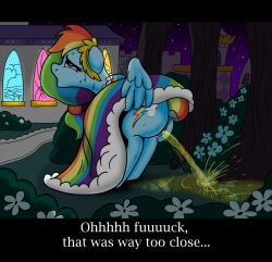 anus canterlot dress dress_lift friendship_is_magic gala_dress mlp my_little_pony outdoors outside peeing pegasus pony ponyvillechaos577 puddle pussy rainbow_dash_(mlp) relief sweat tree wing_hands