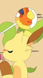 animal_genitalia animal_penis blowjob blue_eyes blush brown_eyes eeveelution eeveelution_squad flare_(eeveelution_squad) flareon leaf_(eeveelution_squad) leafeon nintendo orange_body orange_fur pokemon pokemon_only sigma_rizz sucking_penis tan_body tan_fur