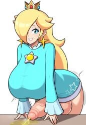 1futa ai_generated bent_over_table big_balls big_breasts big_penis blonde_hair bottomless bottomless_futanari crown futa_focus futanari happy mario_(series) novelai peeing princess_rosalina smiling smiling_at_viewer smooth_balls solo_futa solo_futanari urinating_futanari urination urine