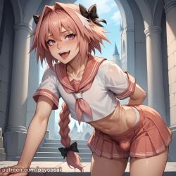 1boy ai_generated artist_name artist_psyopsai astolfo_(fate) bulge clothed colored digital_media_(artwork) fate_(series) femboy femboy_focus femboy_only feminine_male from_below front_view male male_only pink_hair skirt smiling solo solo_focus watermark