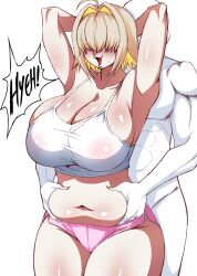 1girls bbw belly big_belly blush chubby elegg_(nikke) female goddess_of_victory:_nikke grabbing massive_breasts milf nipples sports_bra sportswear thick_thighs tobyllitos tummy