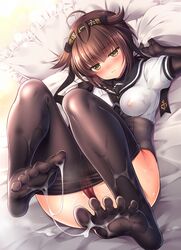 black_gloves black_hair blush bodysuit breasts cum cum_on_body cum_on_lower_body cum_on_soles feet female gloves hair_flaps hairband hatsuzuki_(kantai_collection) headband highres kantai_collection lying neckerchief nipples on_back on_bed panties pantyhose red_panties sasachin_(k+w) school_uniform serafuku short_hair soles solo spread_toes toe_socks toes underwear yellow_eyes