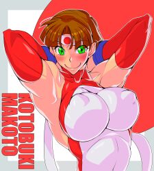 1girls armpits arms_behind_head big_breasts breasts brown_hair busty covered_erect_nipples covered_navel female female_only green_eyes hair_ribbon headband highres japanese_flag kotobuki_makoto large_breasts leotard looking_at_viewer mach_breakers makoto_kotobuki pose posing ribbon sensual sexy_armpits short_hair smile