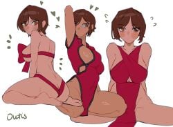 1girls big_breasts blush brown_body brown_hair brown_skin dark_skin limbus_company multiple_outfits outis_(limbus_company) project_moon short_hair yongsadragon