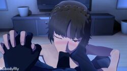 1boy 1girls 3d blowjob blush fellatio hand_on_face holding_hands looking_at_viewer makoto_niijima nobodyrly_(artist) persona persona_5 pov sfm tagme